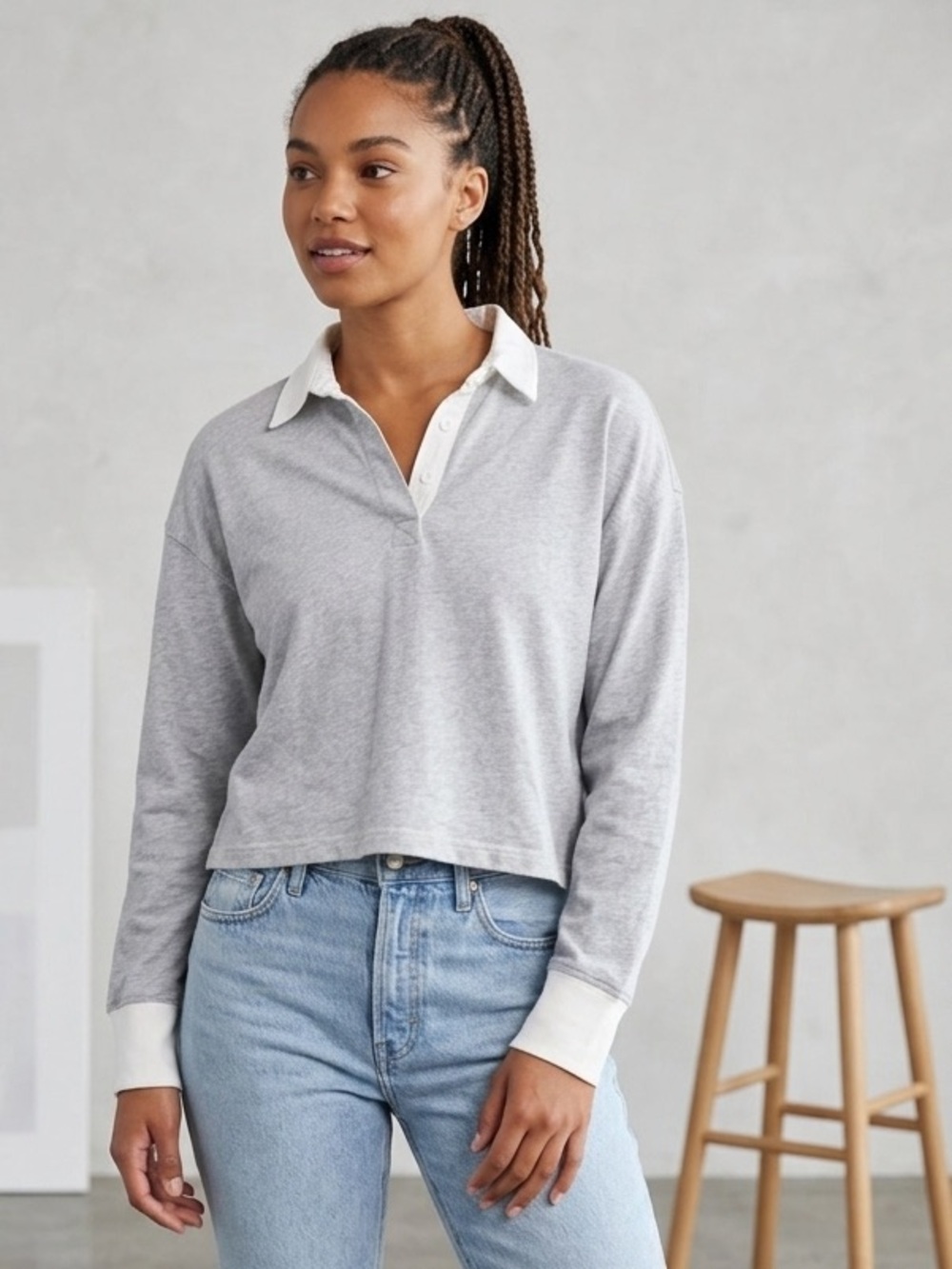 Aerie Long Sleeve Polo Pullover Sweater Gray Size XS Preppy Cozy Fall Minimalist